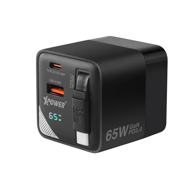 XPower GX65B 3-in-1 65W GaN PD Desktop Charger 2 Port Type-C cable - Black
