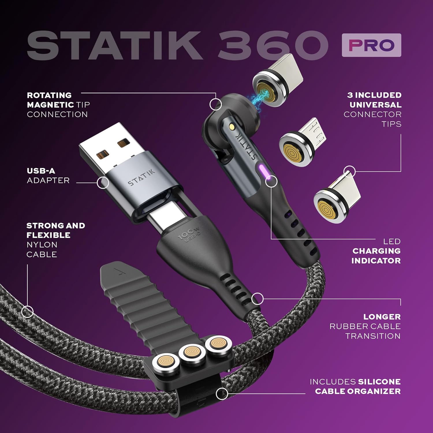 Statik 360 Pro 2.0 Magnetic Tip USB-C Cable - 3FT