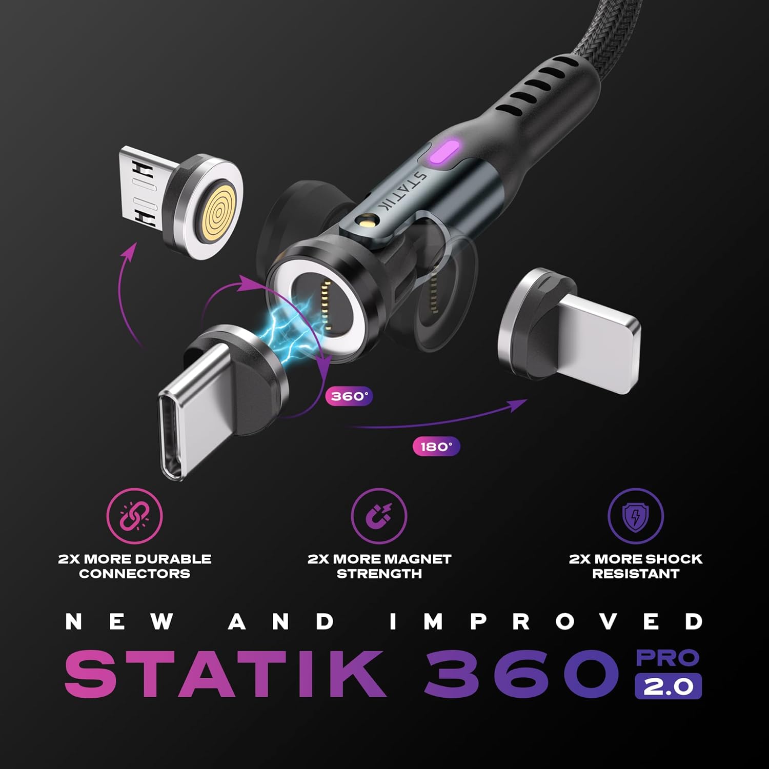 Statik 360 Pro 2.0 Magnetic Tip USB-C Cable - 3FT