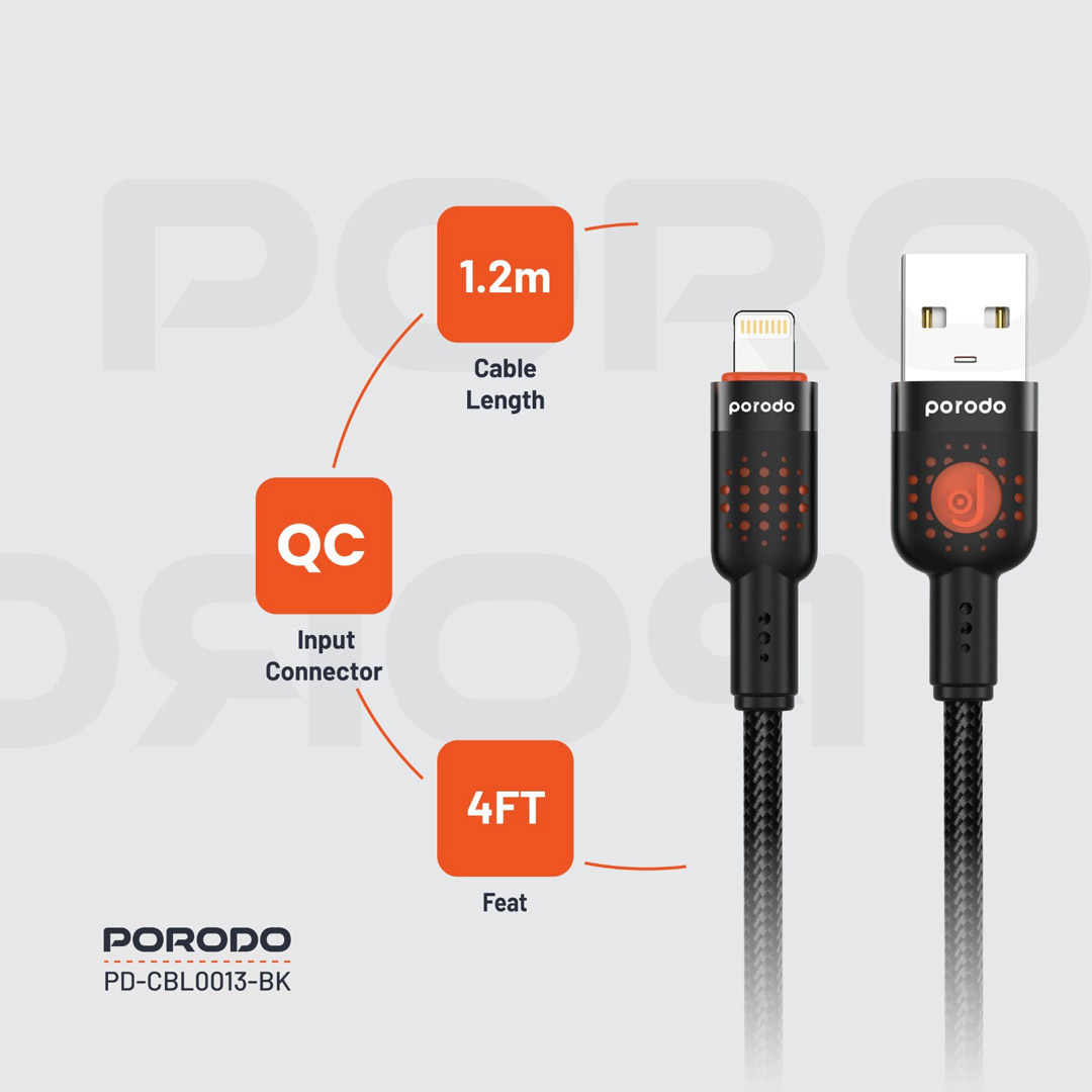 Porodo Braided Cable USB-A to Lightning - Black