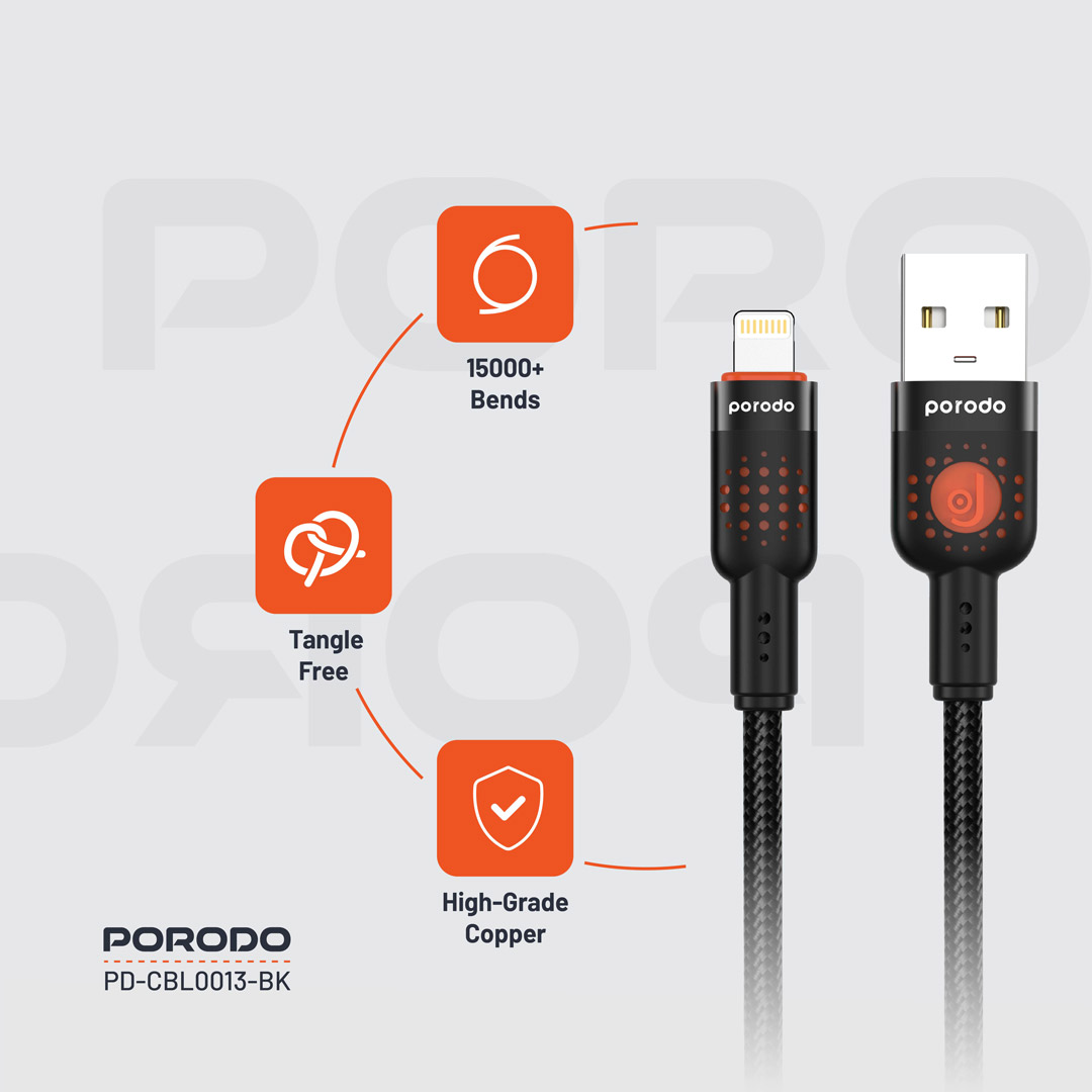 Porodo Braided Cable USB-A to Lightning - Black
