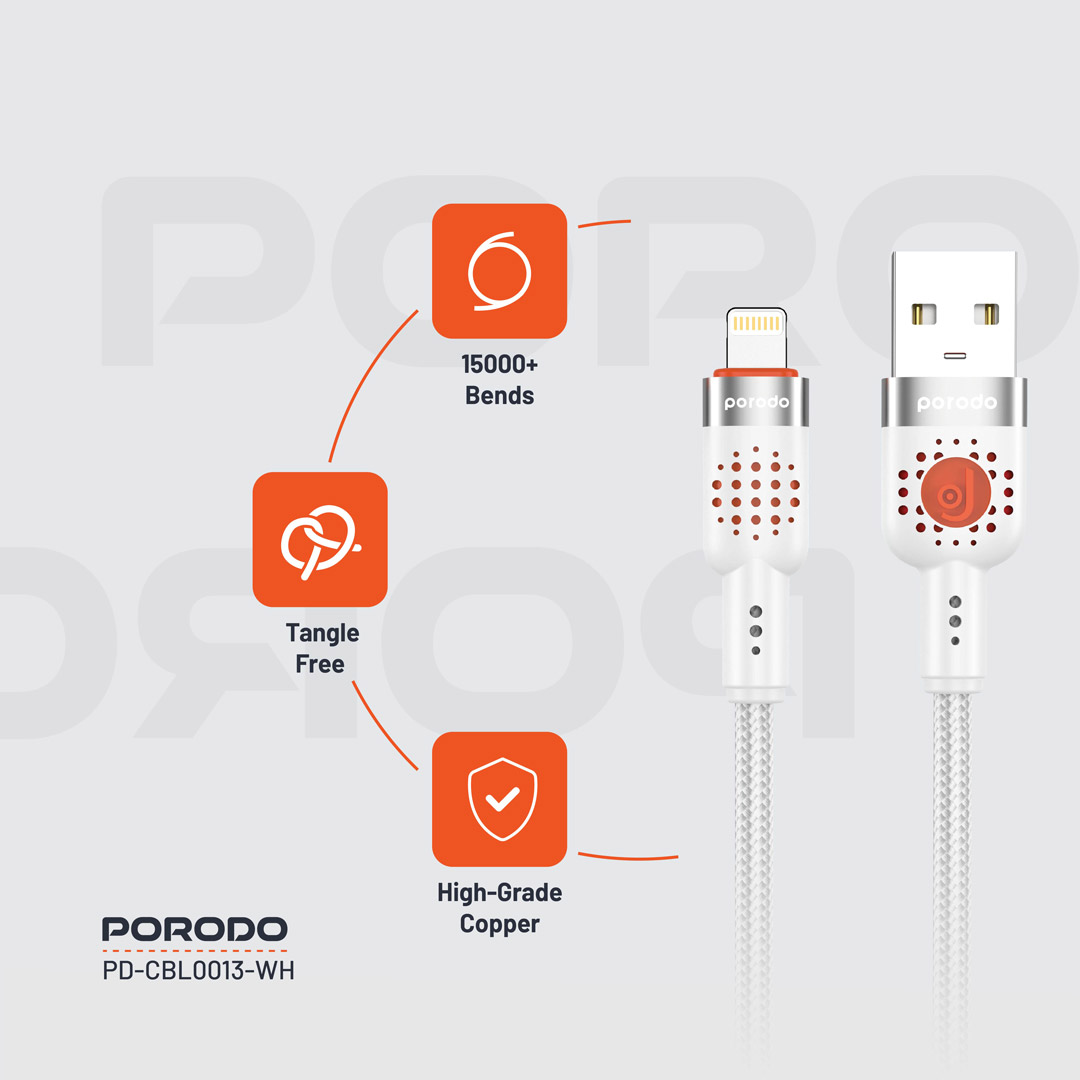 Porodo Braided Cable USB-A to Lightning - White