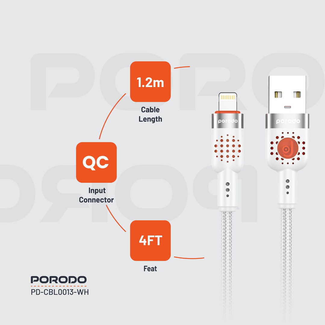 Porodo Braided Cable USB-A to Lightning - White