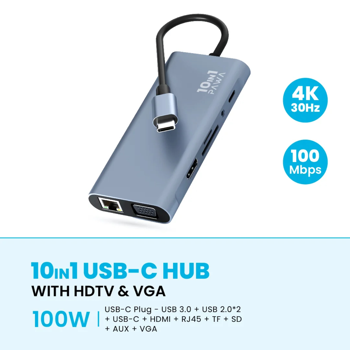 PAWA 10-in-1 USB-C HUB With HDTV & VGA