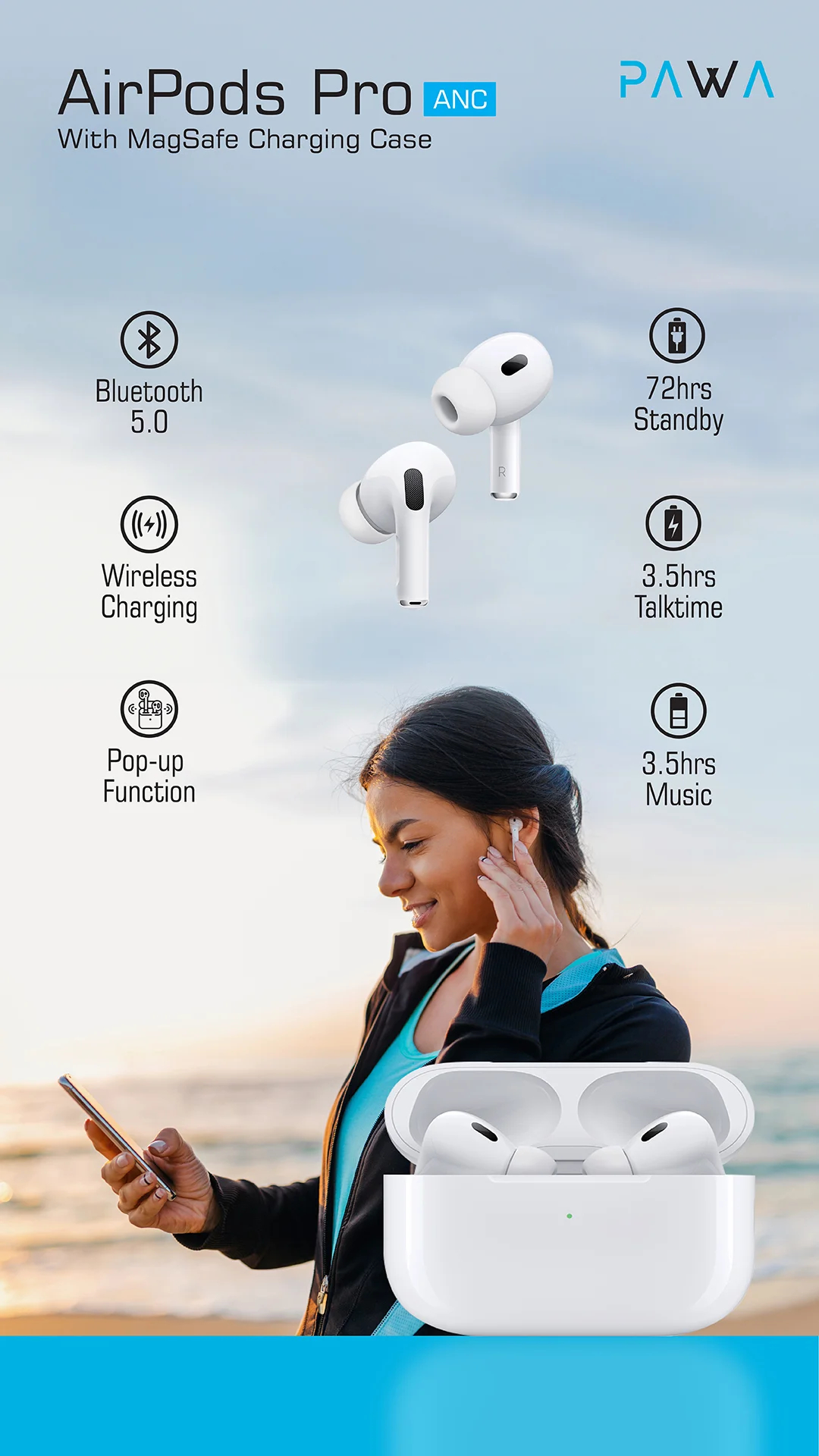 PAWA Airpods 2 PRO (2nd Generation) ANC With Magsafe Charging Case - White