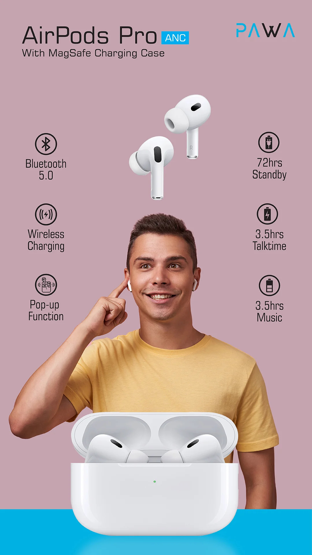 PAWA Airpods 2 PRO (2nd Generation) ANC With Magsafe Charging Case - White