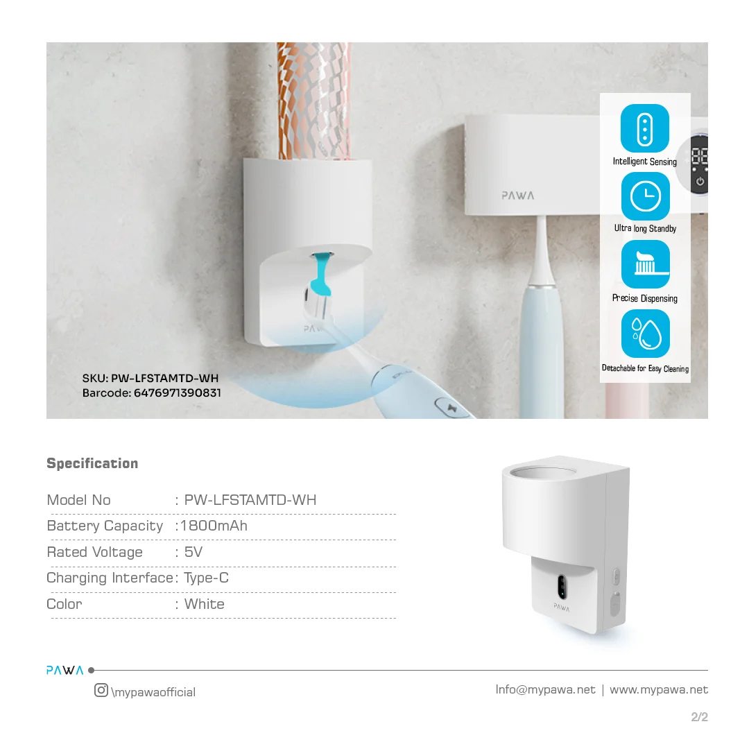 PAWA Automatic Toothpaste Dispenser With Smart Sensing
