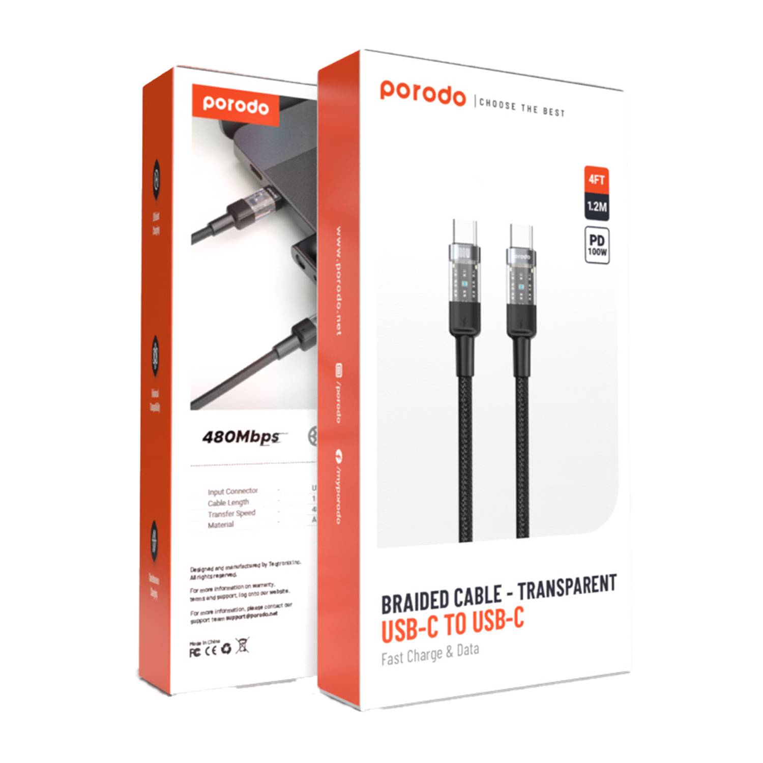 Porodo Braided 100W PD C to C Fast Charging Cable with Transparent Head 1.2M - Black