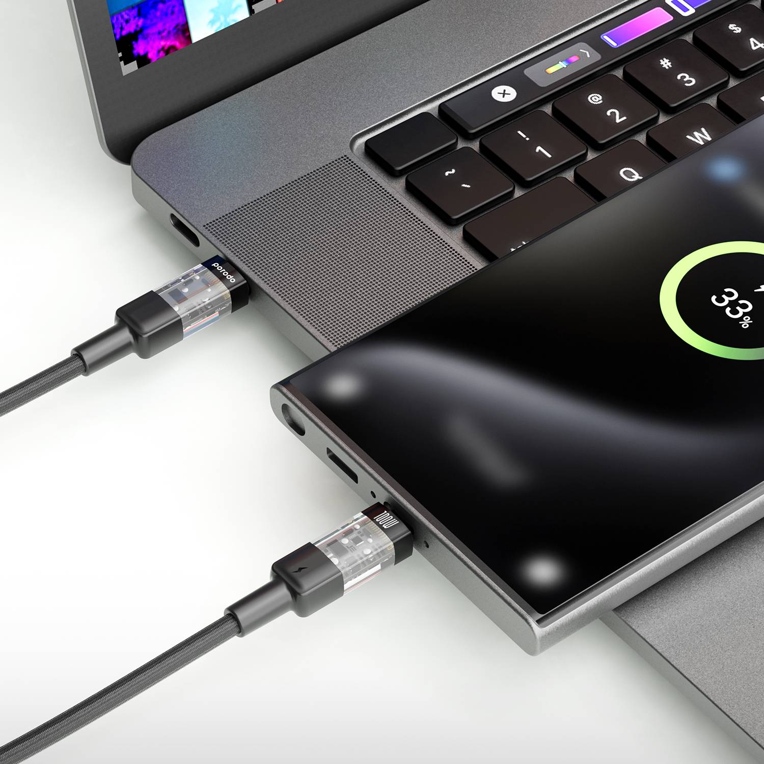 Porodo Braided 100W PD C to C Fast Charging Cable with Transparent Head 1.2M - Black