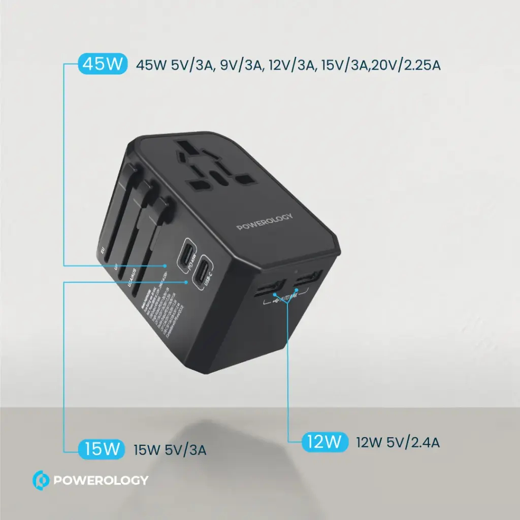Powerology PD 45W Fast Charge + 2A USB Dual Output Universal Travel Adapter With 3 USB Ports - Black - P45PDUTVBK