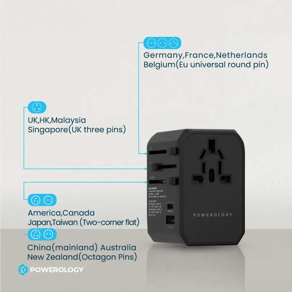 Powerology PD 45W Fast Charge + 2A USB Dual Output Universal Travel Adapter With 3 USB Ports - Black - P45PDUTVBK