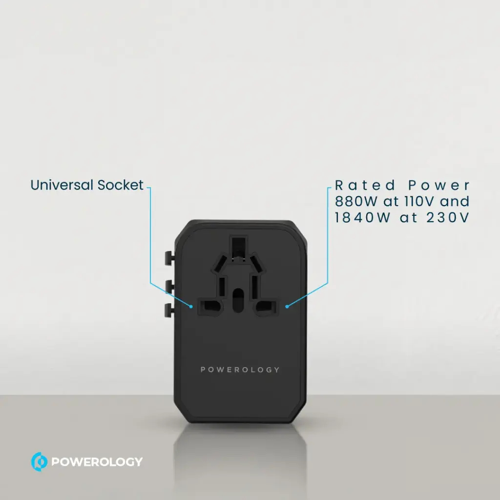 Powerology PD 45W Fast Charge + 2A USB Dual Output Universal Travel Adapter With 3 USB Ports - Black - P45PDUTVBK