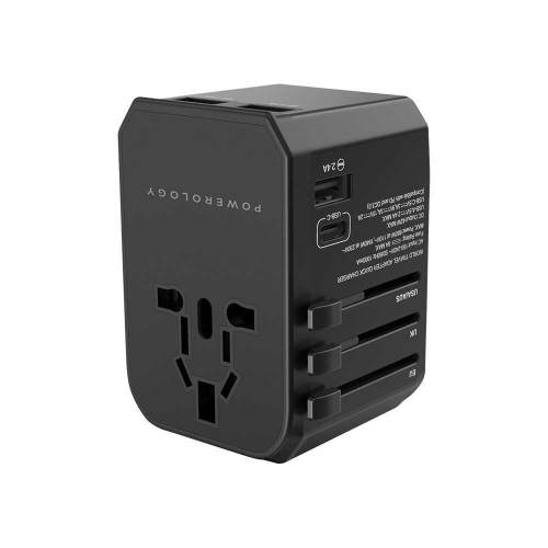 Powerology PD 45W Fast Charge + 2A USB Dual Output Universal Travel Adapter With 3 USB Ports - Black - P45PDUTVBK