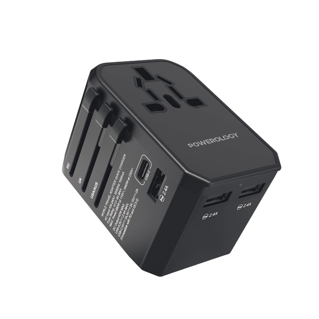 Powerology PD 45W Fast Charge + 2A USB Dual Output Universal Travel Adapter With 3 USB Ports - Black - P45PDUTVBK