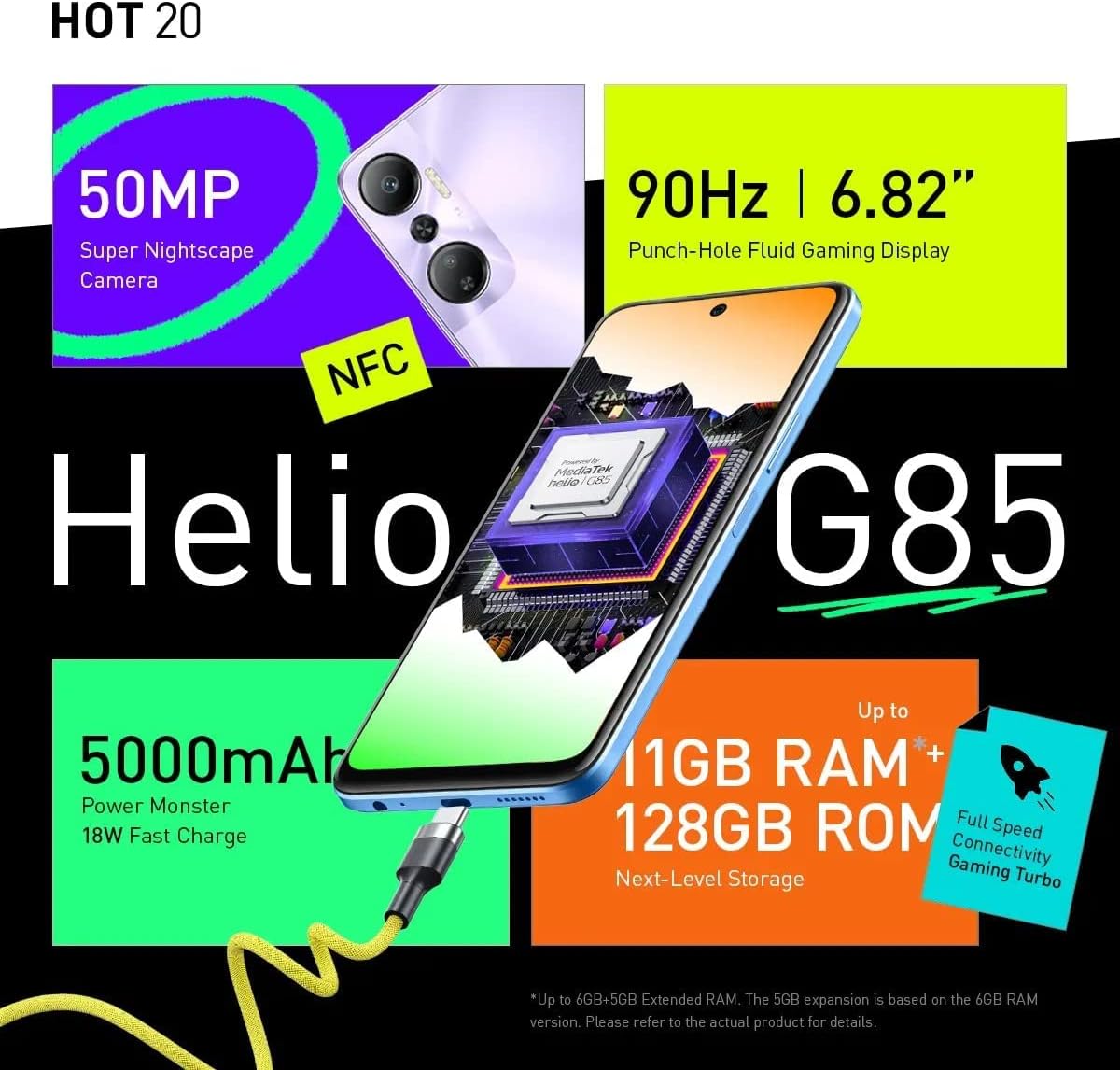 Infinix Hot 20 Smartphone 4G, 6.82-Inch, 6GB RAM | 128GB ROM, 5000mAh Battery - Purple