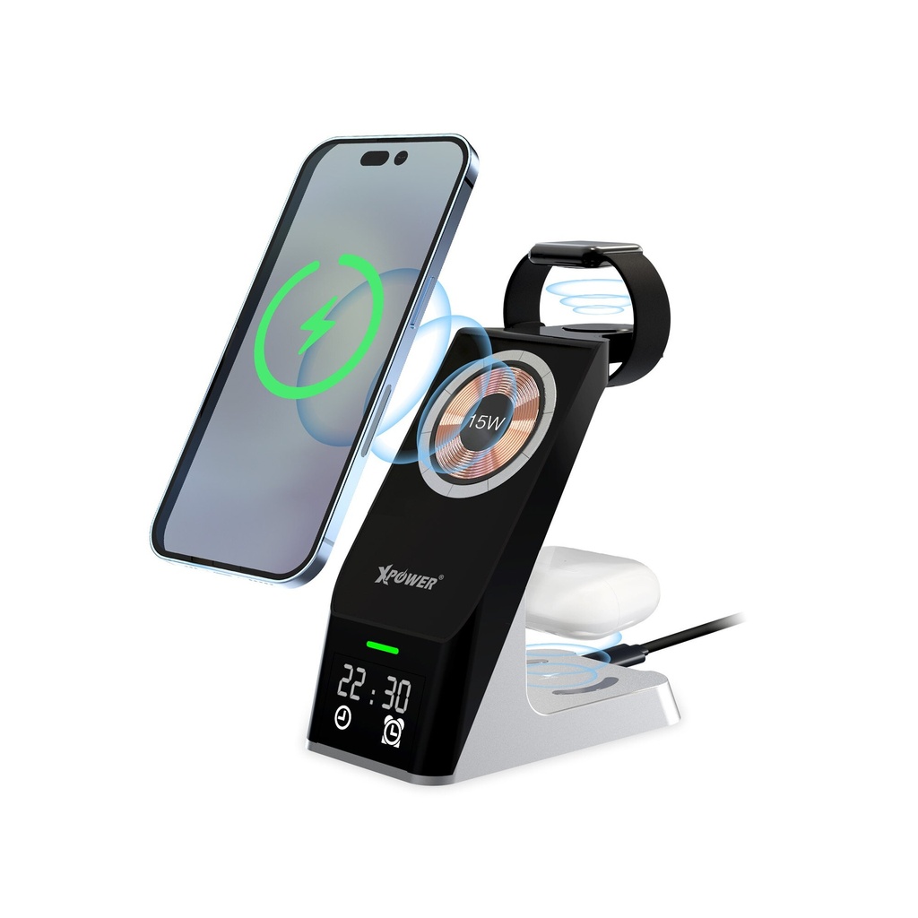 XPower WLS11 6 in 1 15w Magnetic Wireless Charging Station With Clock Display & Alarm Clock - Black