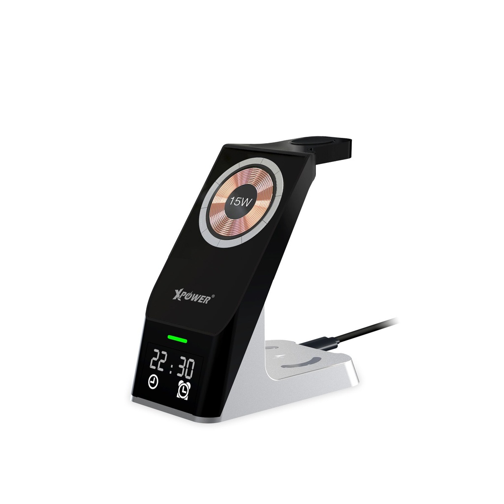 XPower WLS11 6 in 1 15w Magnetic Wireless Charging Station With Clock Display & Alarm Clock - Black