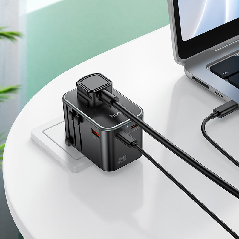 Hoco AC17 Supporter Three-port PD65W(2C1A) Universal Conversion Charger - Black