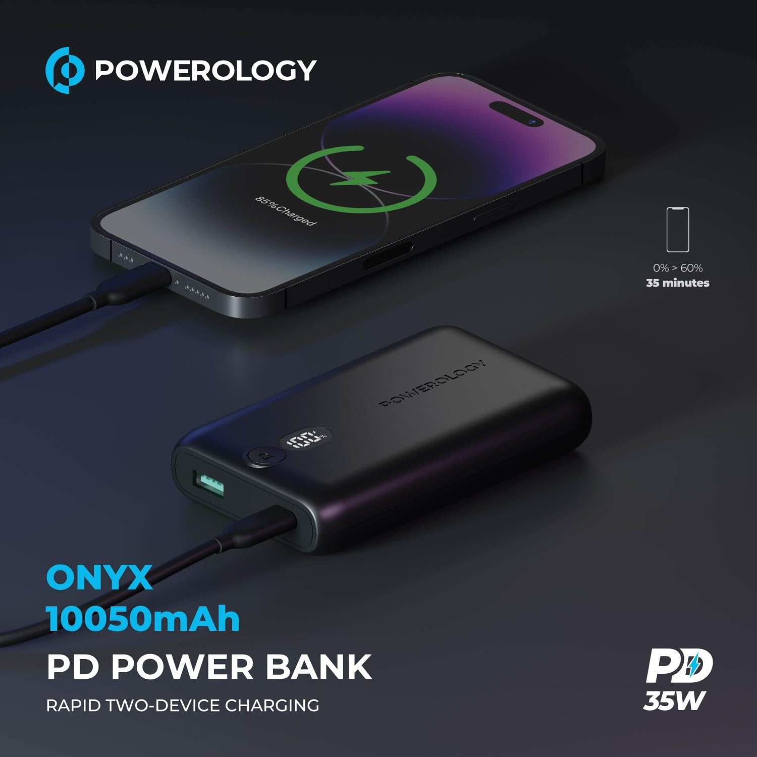 Powerology Onyx 10050mAh Power Bank With USB-C and USB-A Ports