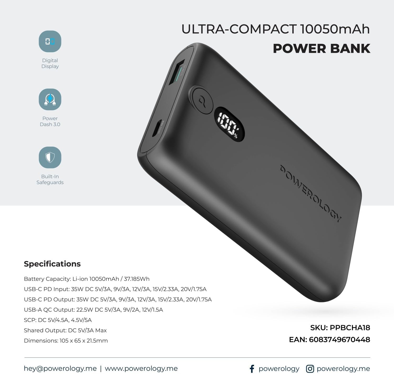 Powerology Onyx 10050mAh Power Bank With USB-C and USB-A Ports