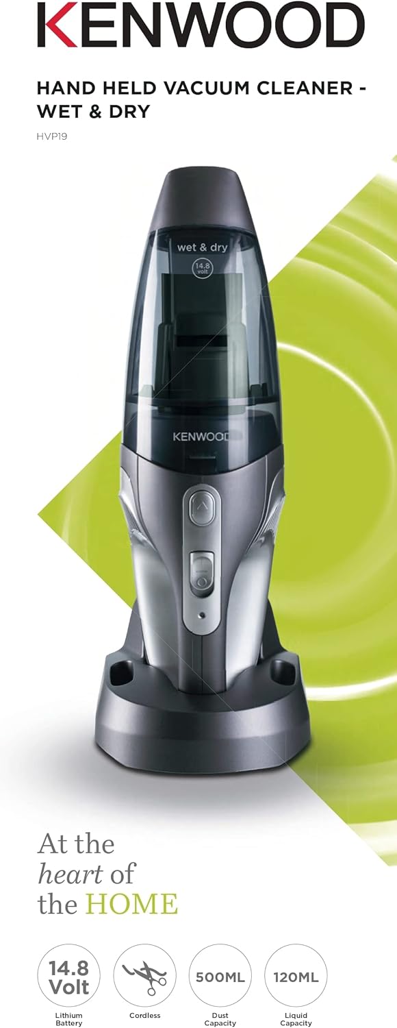 Kenwood Wet & Dry Cordless Handheld Vacuum Cleaner With 14.8V Lithium-Ion Battery, 500ml Dust Capacity, 120ml Liquid Capacity
