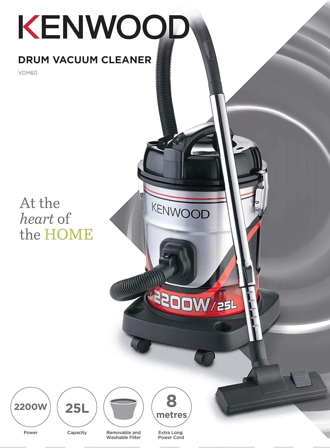 Kenwood Drum Vacuum Cleaner 2200W 25L Tank Vacuum Cleaner With 8M Extra Long Power Cord, Removable & Washable Filter