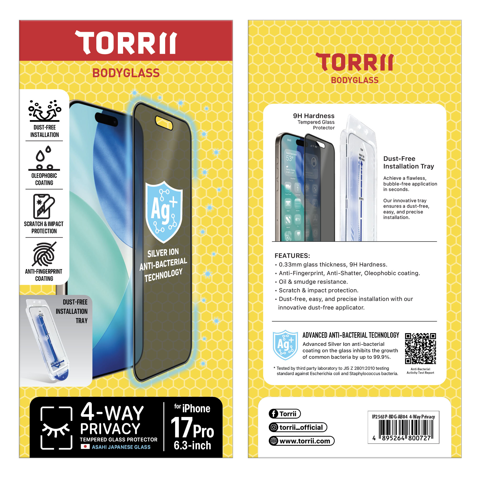 Torrii Bodyglass for iPhone 17 Pro (6.3 Inch) Anti-bacterial – 4-Way Privacy