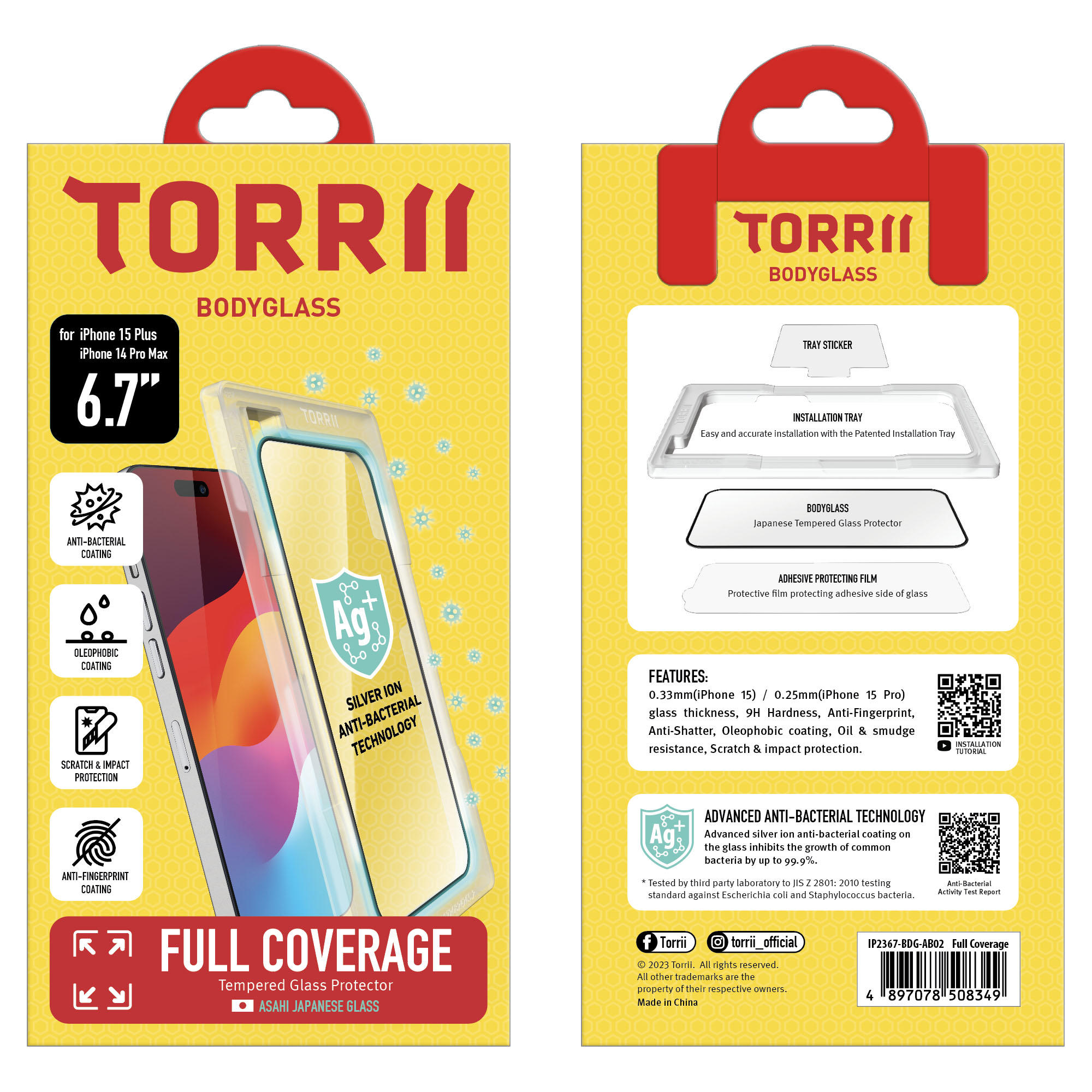 Torrii Bodyglass Screen Protector Anti-Bacterial Coating For Iphone 15 Plus (6.7 Inch) 14 Pro Max &ndash; Full Coverage