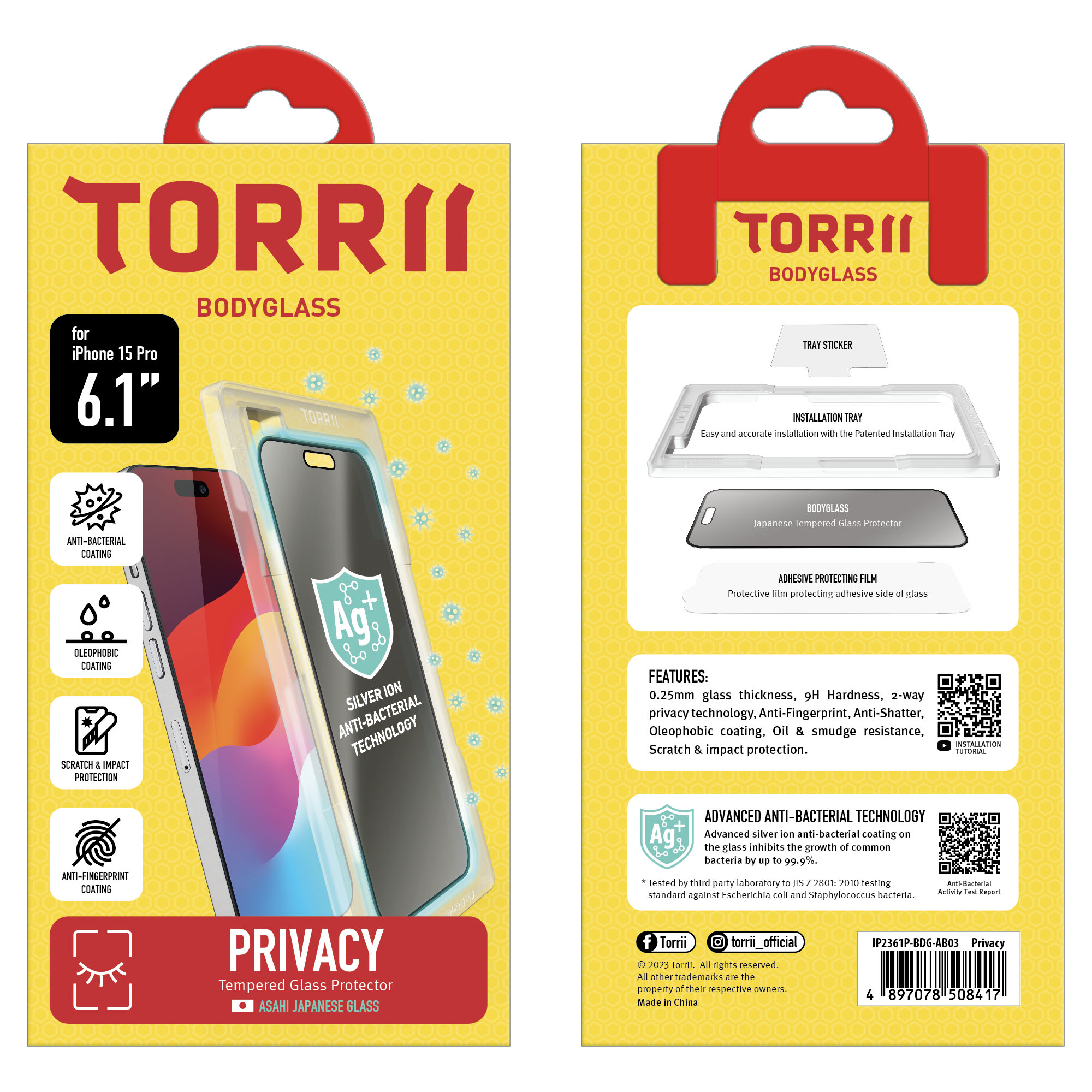 Torrii Bodyglass Screen Protector Anti-Bacterial Coating For iphone 15 Pro (6.1 Inch) &ndash; Privacy