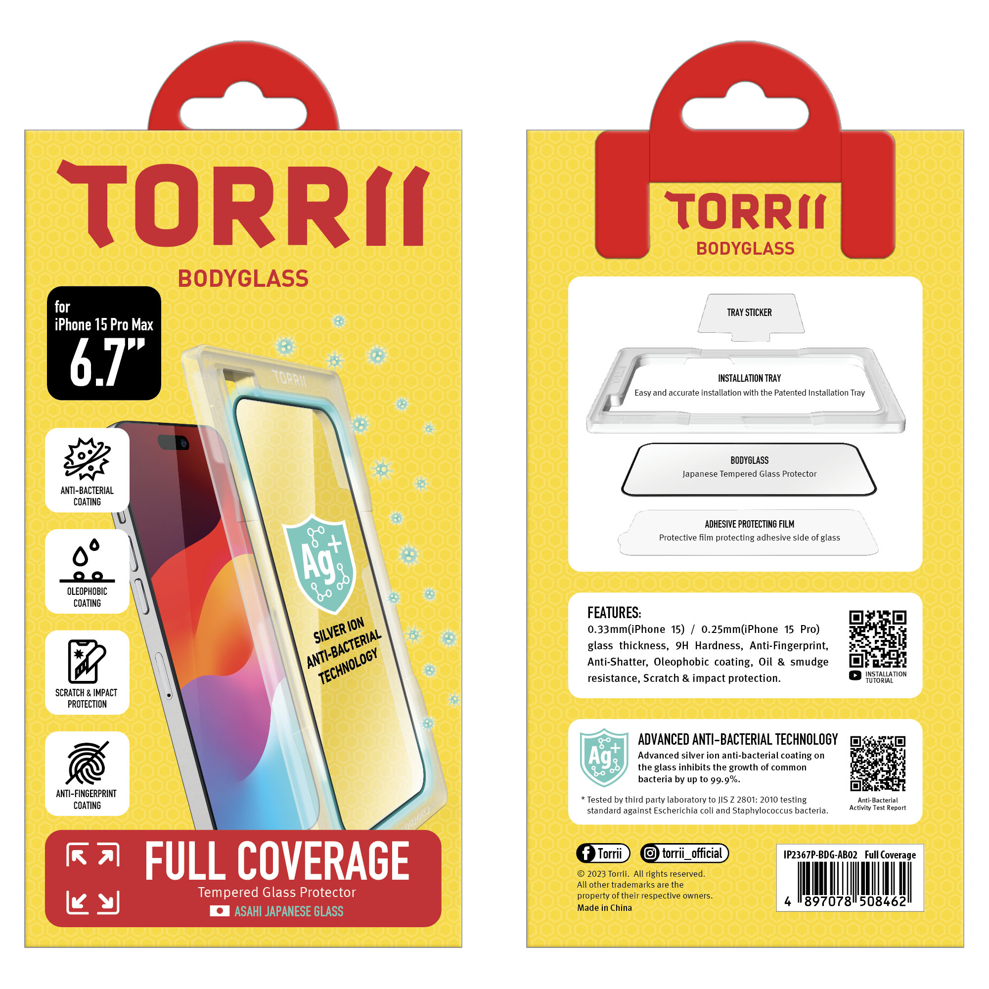 Torrii Bodyglass Screen Protector Anti-Bacterial Coating For iPhone 15 Pro Max (6.7 Inch) – Full Coverage