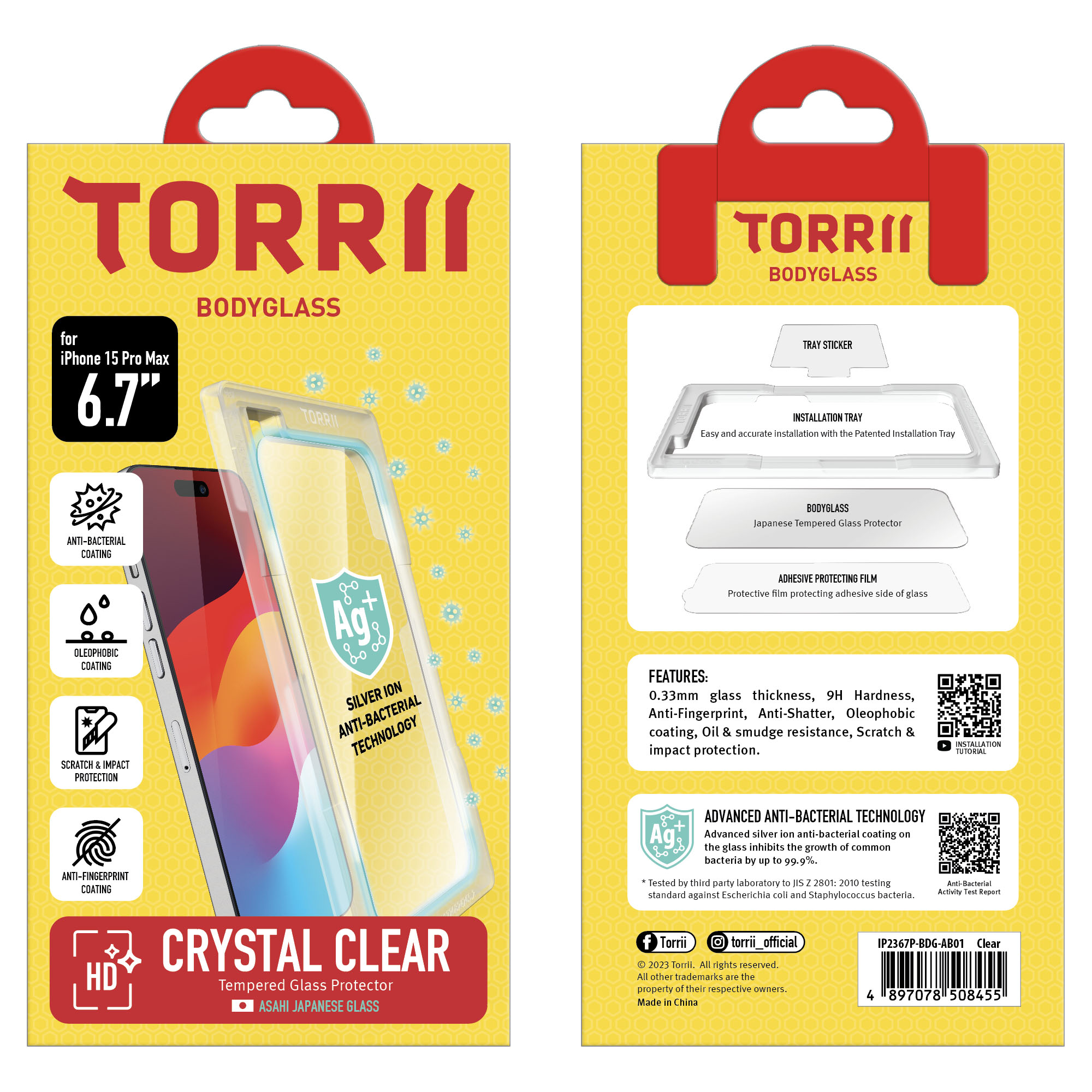 Torrii Bodyglass Screen Protector Anti-Bacterial Coating For iPhone 15 Pro Max (6.7 Inch ) &ndash; Clear