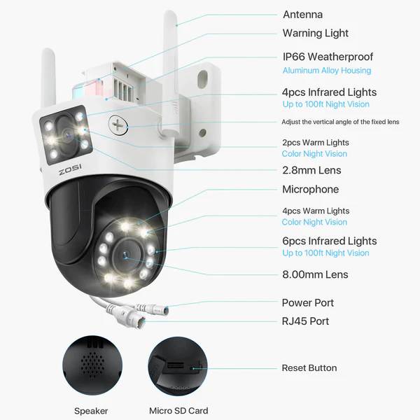 Zosi C298 2.4GHz WiFi PT Camera with Dual Lens + Up to 256GB Local Storage