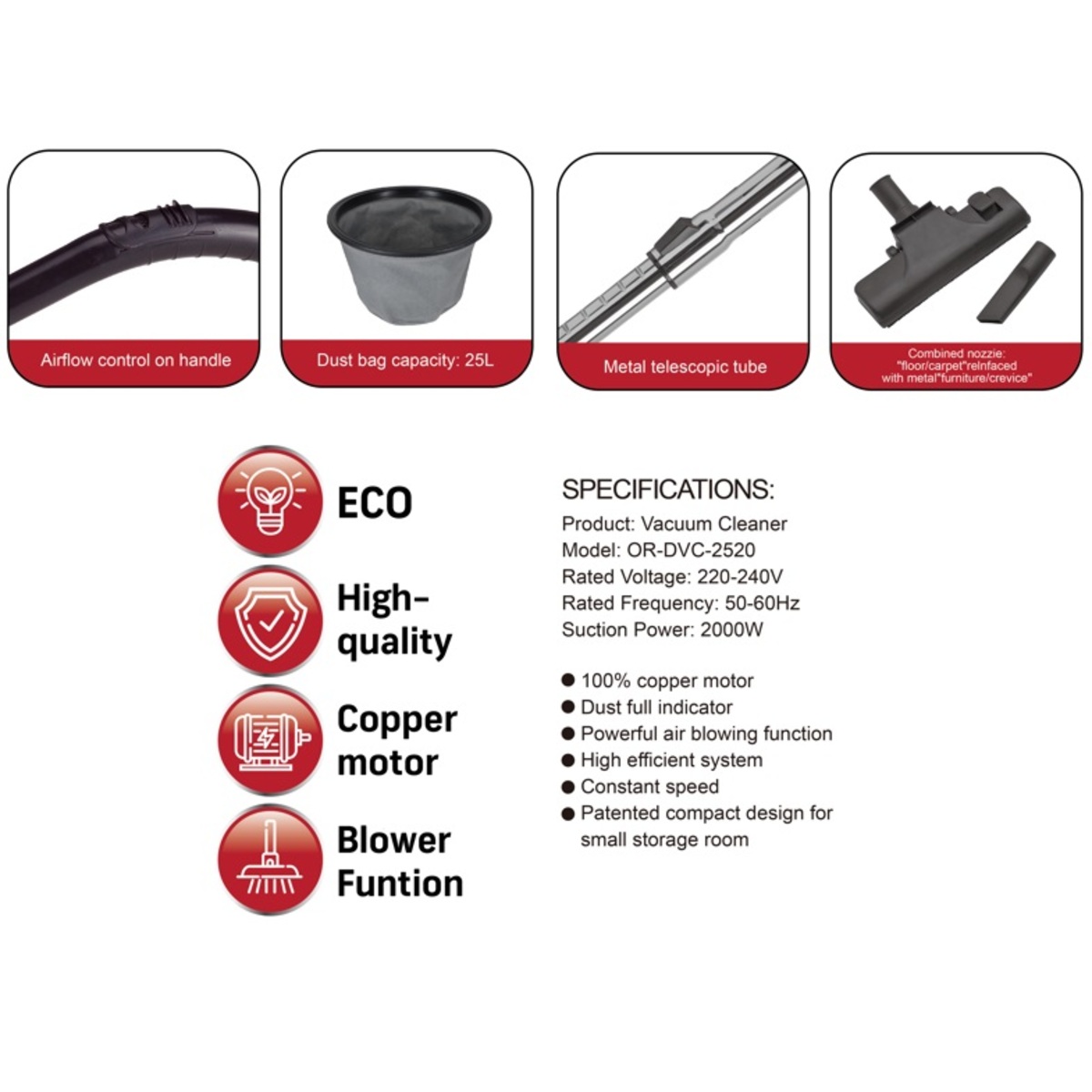 Orca Drum Vacuum Cleaner 25 Litres 2000 Watts - OR-DVC-2520