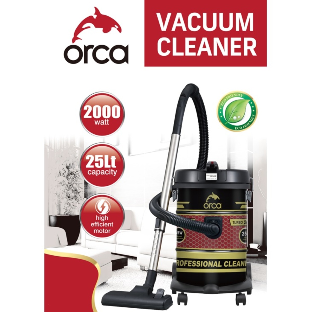 Orca Drum Vacuum Cleaner 25 Litres 2000 Watts - OR-DVC-2520