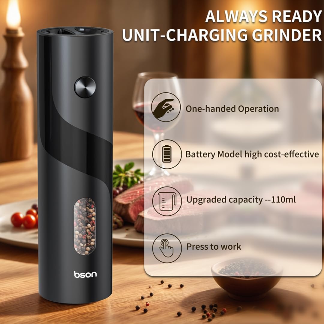 BSON High-Power Electric Pepper & Spice Grinder, 25W with LED Light and 110ml Capacity