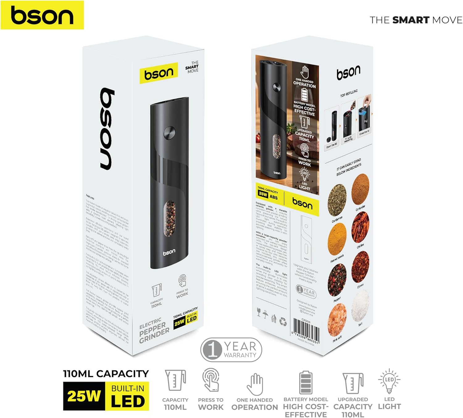 BSON High-Power Electric Pepper & Spice Grinder, 25W with LED Light and 110ml Capacity