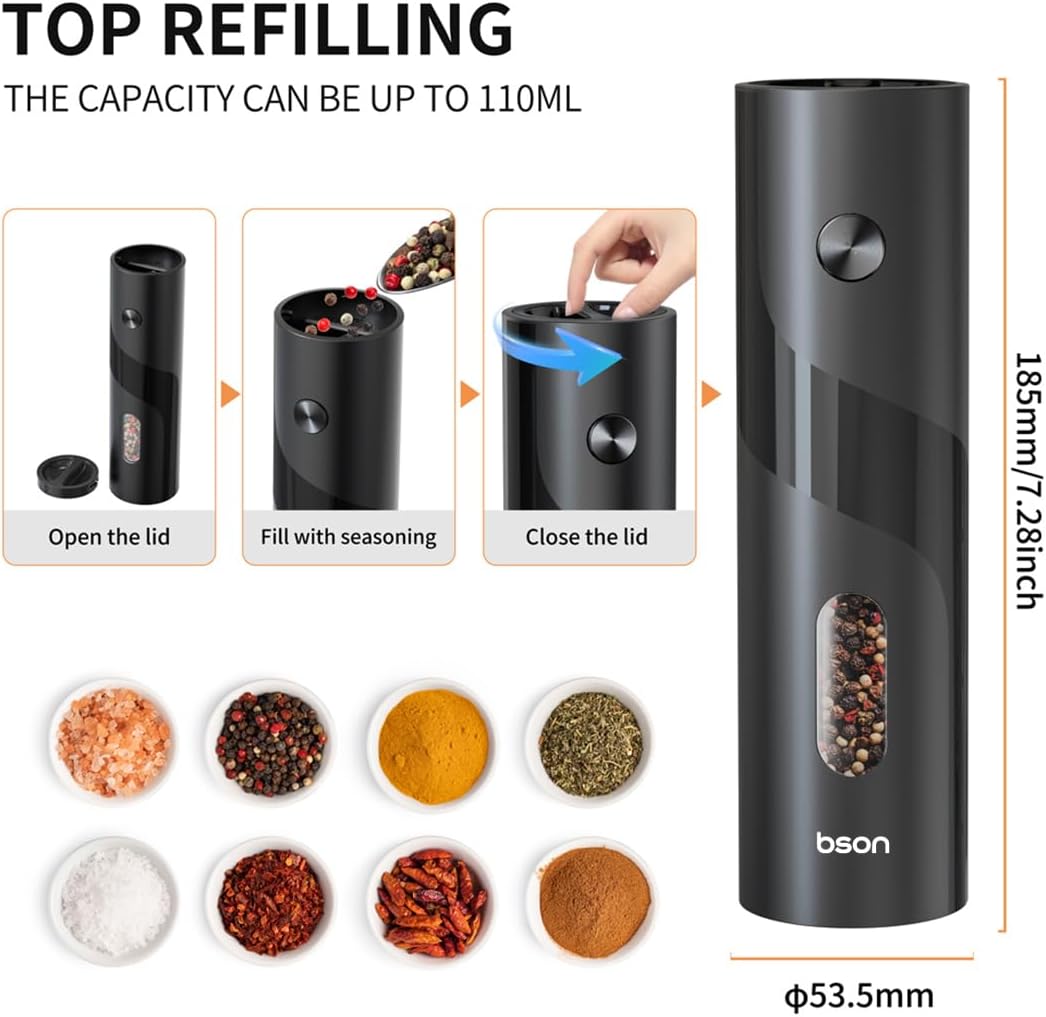BSON High-Power Electric Pepper & Spice Grinder, 25W with LED Light and 110ml Capacity
