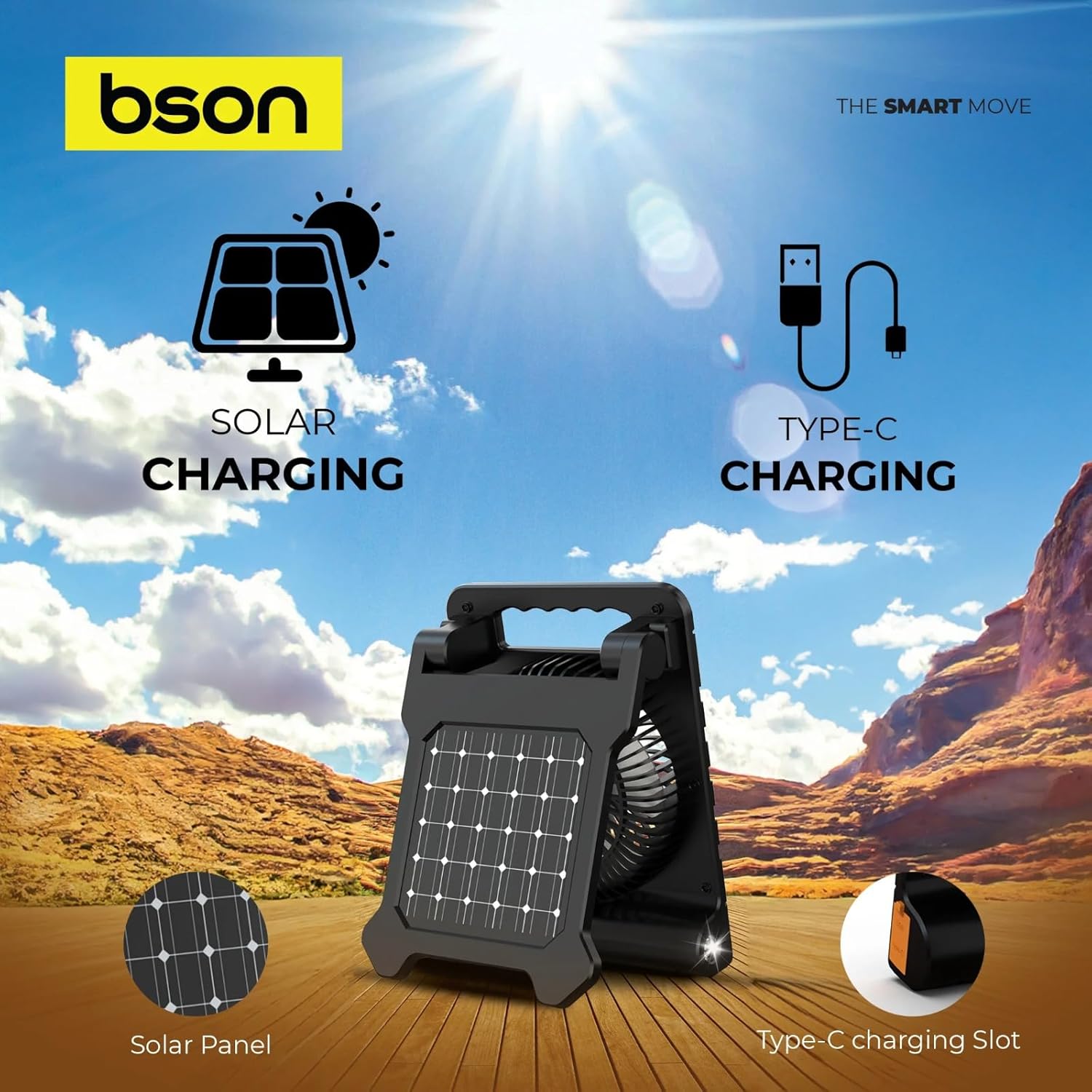 BSON 3-in-1 Solar LED Fan &ndash; Cooling Fan, LED Light & Power Bank - Black