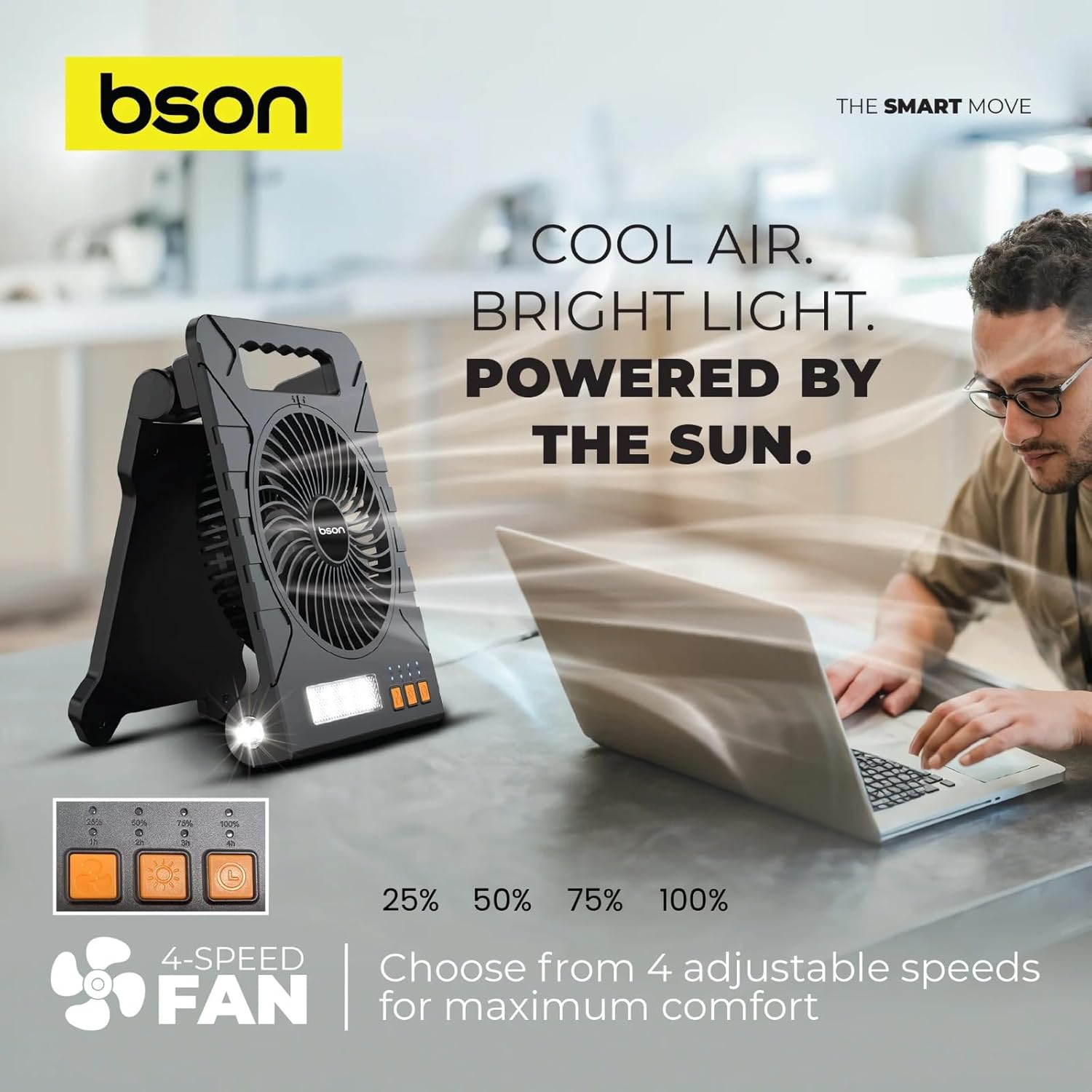 BSON 3-in-1 Solar LED Fan &ndash; Cooling Fan, LED Light & Power Bank - Black
