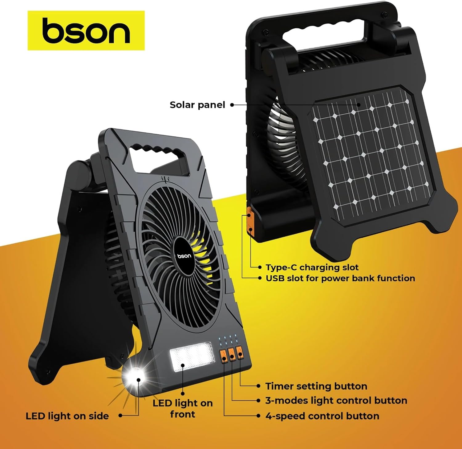 BSON 3-in-1 Solar LED Fan &ndash; Cooling Fan, LED Light & Power Bank - Black