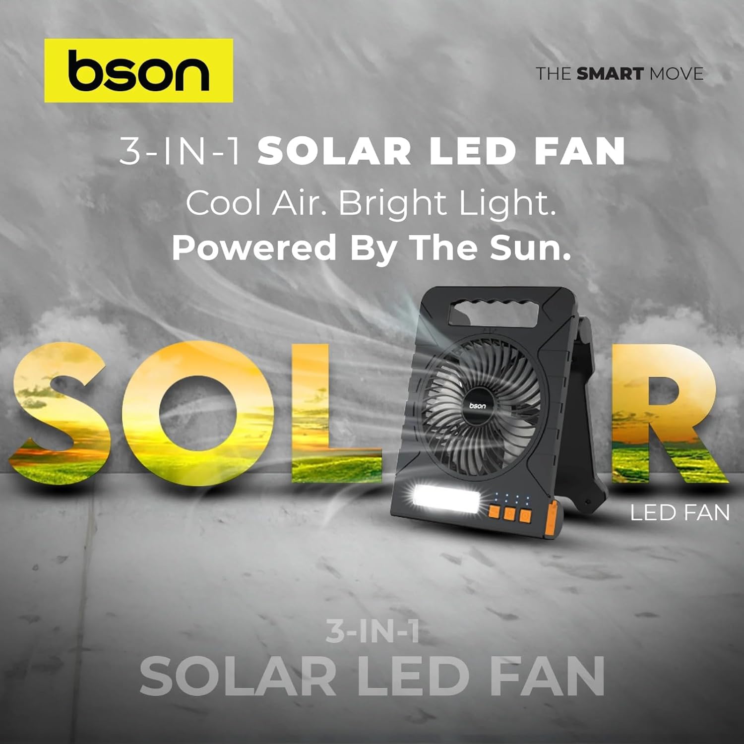BSON 3-in-1 Solar LED Fan &ndash; Cooling Fan, LED Light & Power Bank - Black