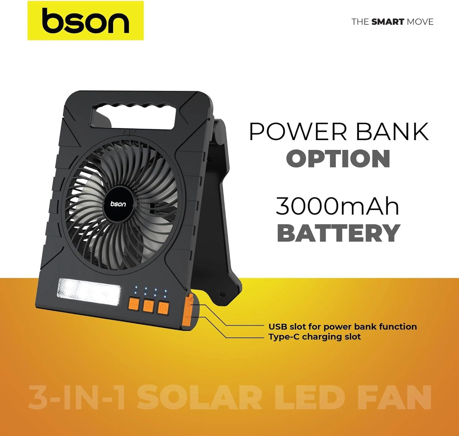 BSON 3-in-1 Solar LED Fan &ndash; Cooling Fan, LED Light & Power Bank - Black