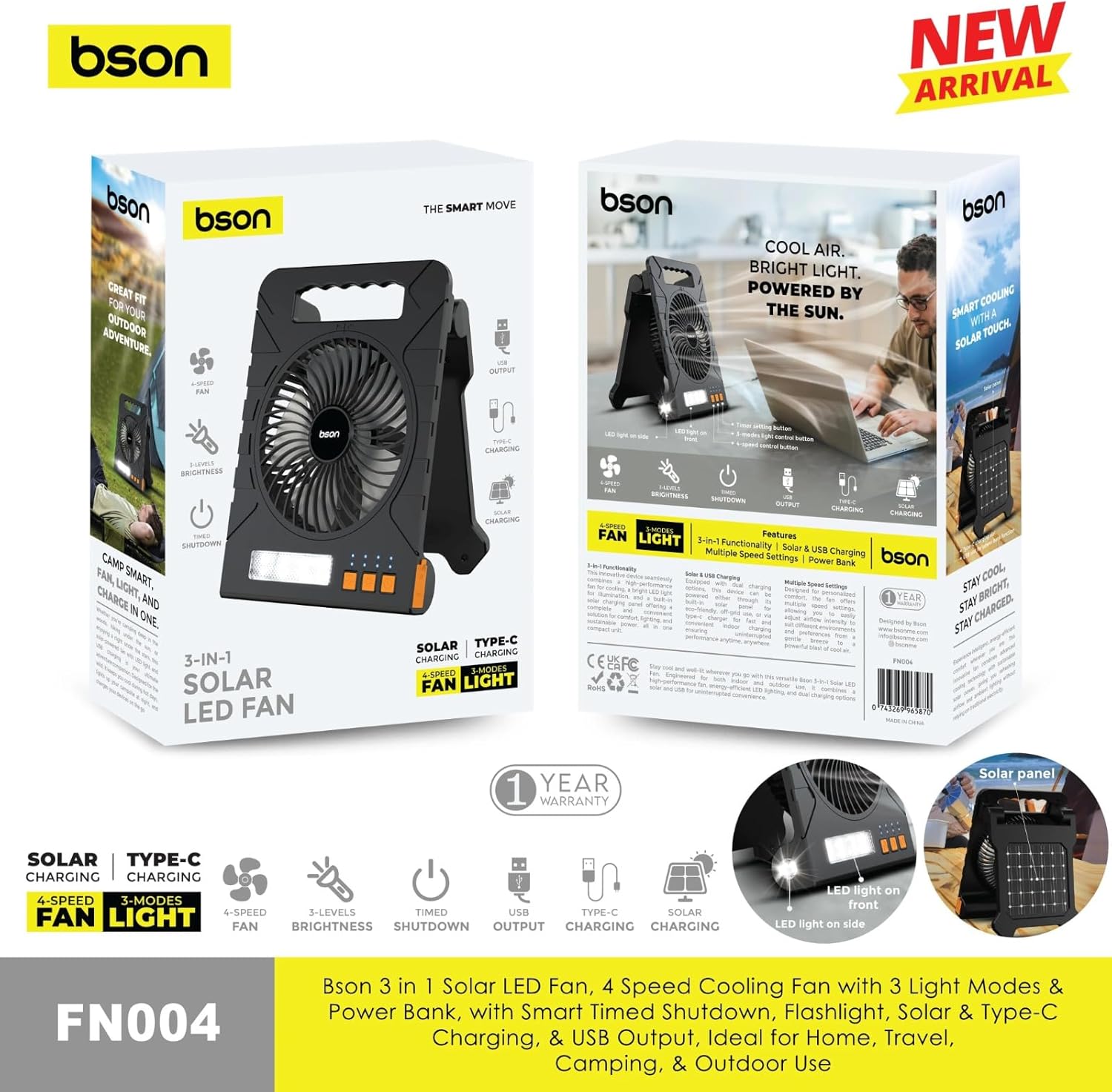 BSON 3-in-1 Solar LED Fan &ndash; Cooling Fan, LED Light & Power Bank - Black