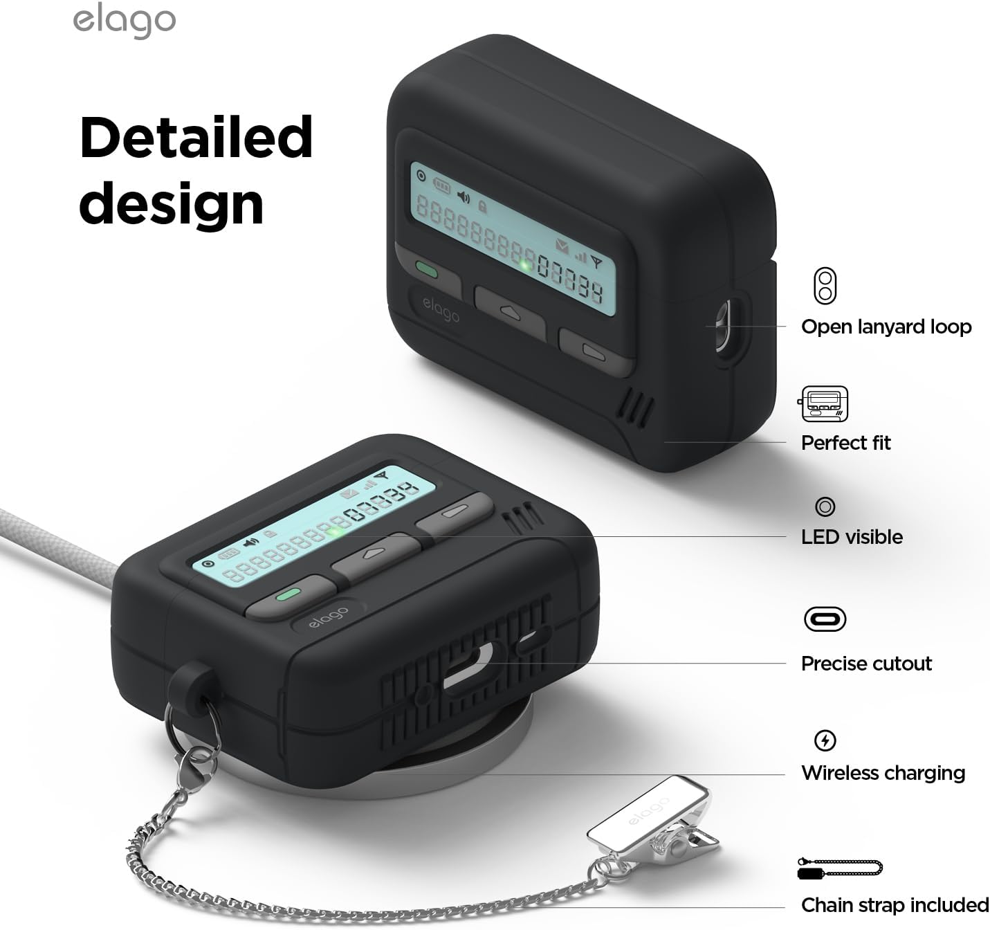 Elago Pager Case For AirPods Pro 3 Case Cover, Black - Chain Strap Included