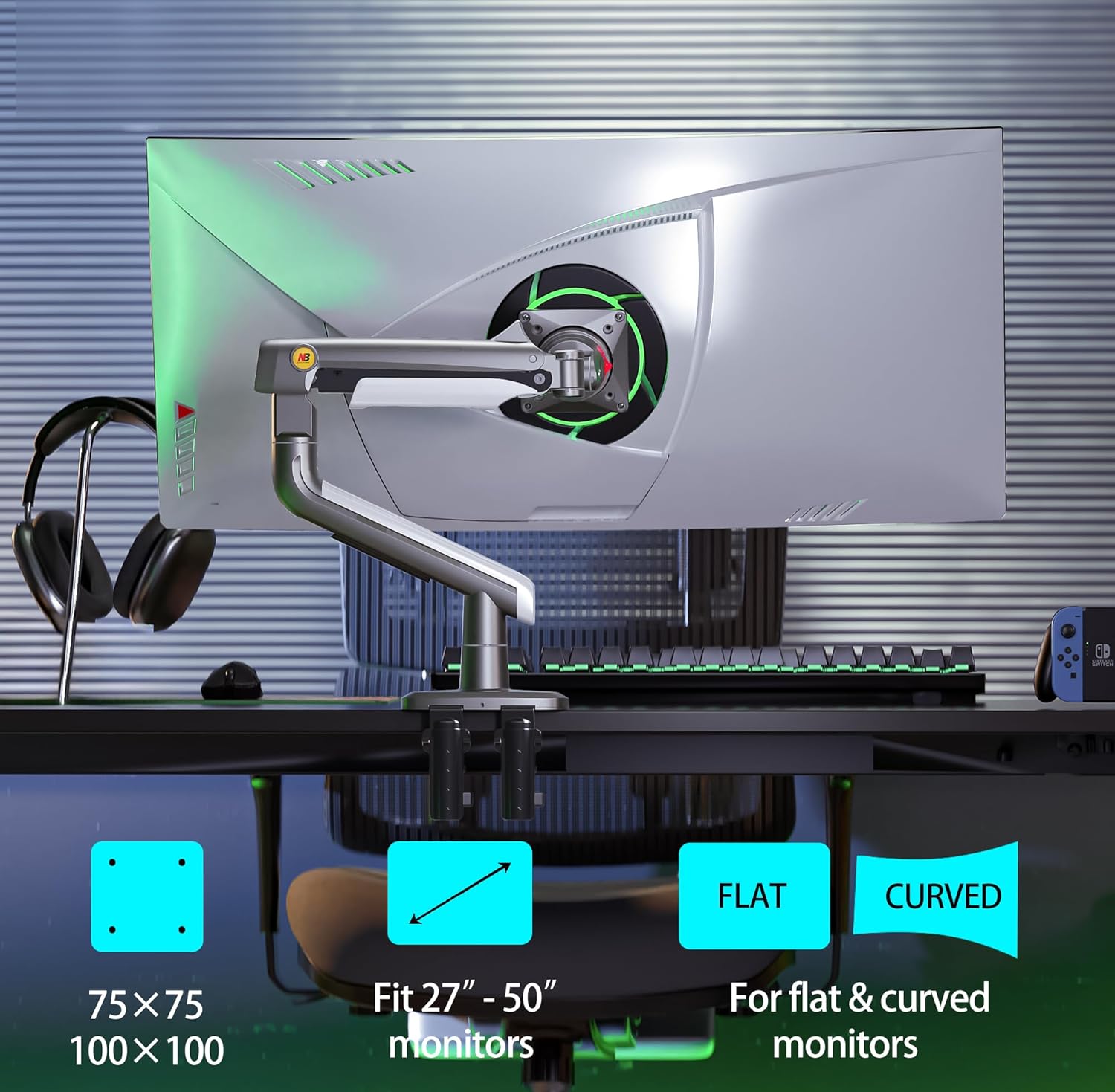 North Bayou Ergonomic Gaming Monitor Stand for 27 to 50 inch Screens, Load Max 18kg - Black & Gray