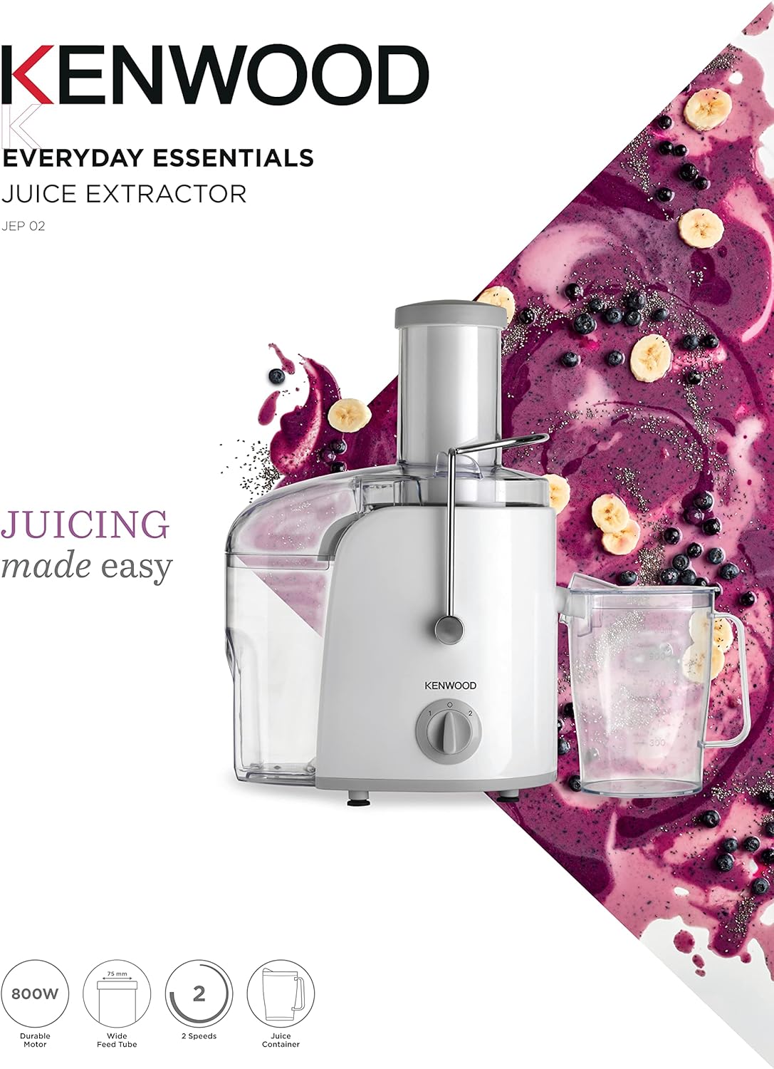 Kenwood Juicer 800W Juice Extractor with 75mm Wide Feed Tube, 2 Speed, Transparent Juice Jug, Pulp Container, Anti-Drip for Home, Office, Restaurant & Cafeteria JEP02.A0WH White