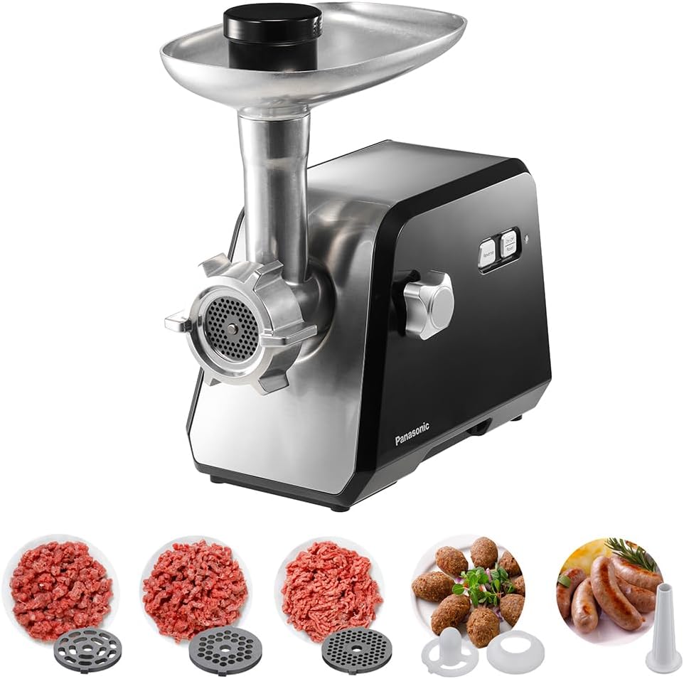 Panasonic 2000W Powerful Meat Grinder, 3.4Kg mincing/min, Durable Die-Cast Aluminium Hopper Plate, 3 Cutting Plates, Sausage & Kubbe Attachment, Cleaning Brush - MK-GX2010KTZ