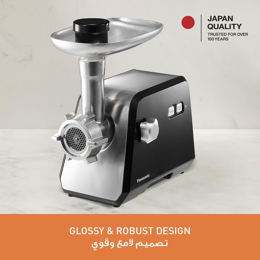 Panasonic 2000W Powerful Meat Grinder, 3.4Kg mincing/min, Durable Die-Cast Aluminium Hopper Plate, 3 Cutting Plates, Sausage & Kubbe Attachment, Cleaning Brush - MK-GX2010KTZ