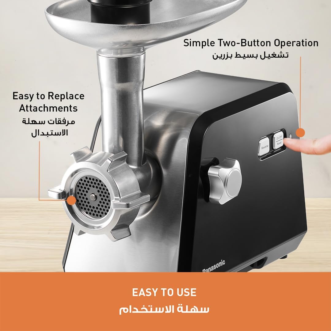 Panasonic 2000W Powerful Meat Grinder, 3.4Kg mincing/min, Durable Die-Cast Aluminium Hopper Plate, 3 Cutting Plates, Sausage & Kubbe Attachment, Cleaning Brush - MK-GX2010KTZ