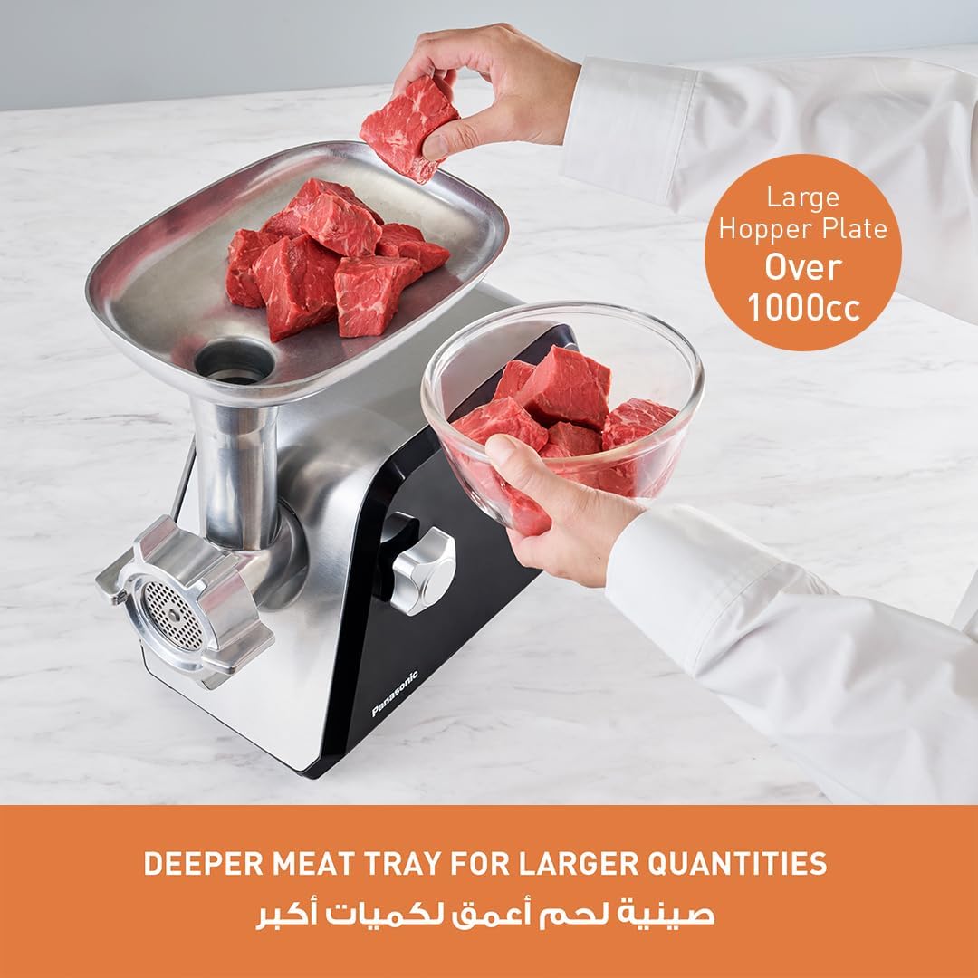 Panasonic 2000W Powerful Meat Grinder, 3.4Kg mincing/min, Durable Die-Cast Aluminium Hopper Plate, 3 Cutting Plates, Sausage & Kubbe Attachment, Cleaning Brush - MK-GX2010KTZ